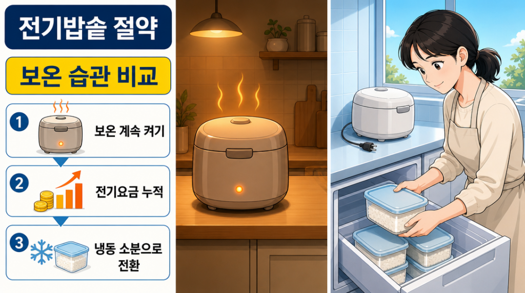 하루 종일 보온을 켜두는 습관과 밥을 소분해 냉동 보관하는 절약 습관을 비교한 이미지