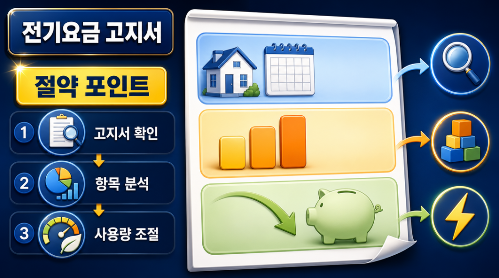 전기요금 고지서의 주요 항목을 구간별로 시각화하여 절약 포인트를 찾는 흐름을 보여주는 다이어그램 이미지