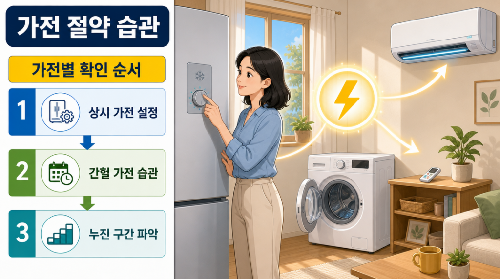 아파트 주방에서 한 여성이 냉장고 설정을 조정하고, 주변에 세탁기와 에어컨이 배치된 가전별 전기 절약 습관 일러스트