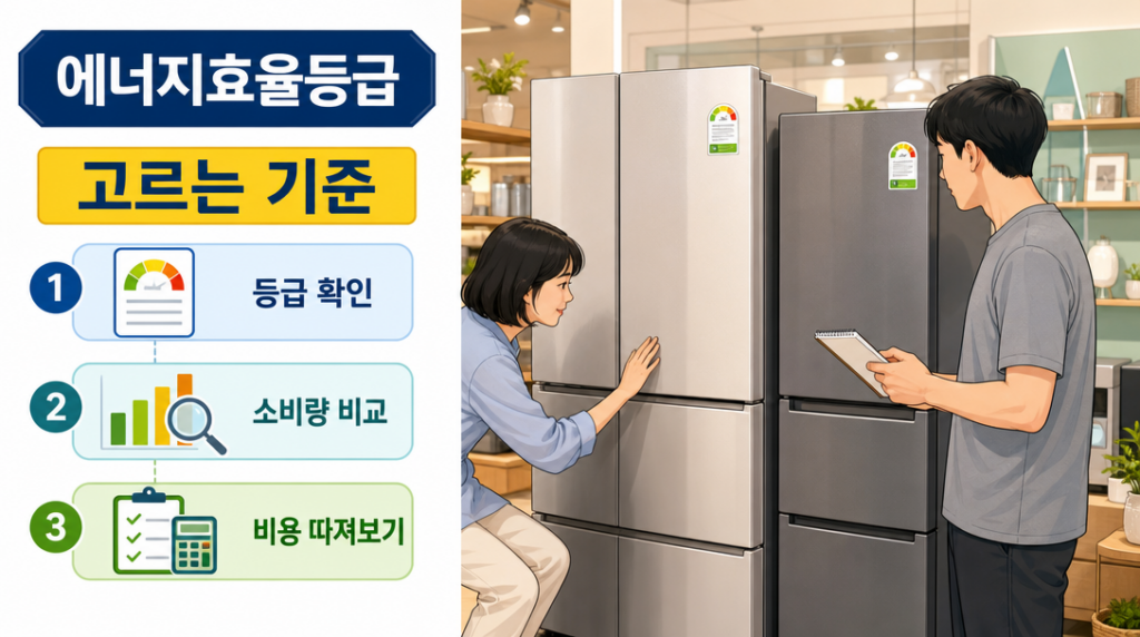 마트에서 두 대의 냉장고를 직접 살펴보며 에너지효율을 비교하는 부부의 모습