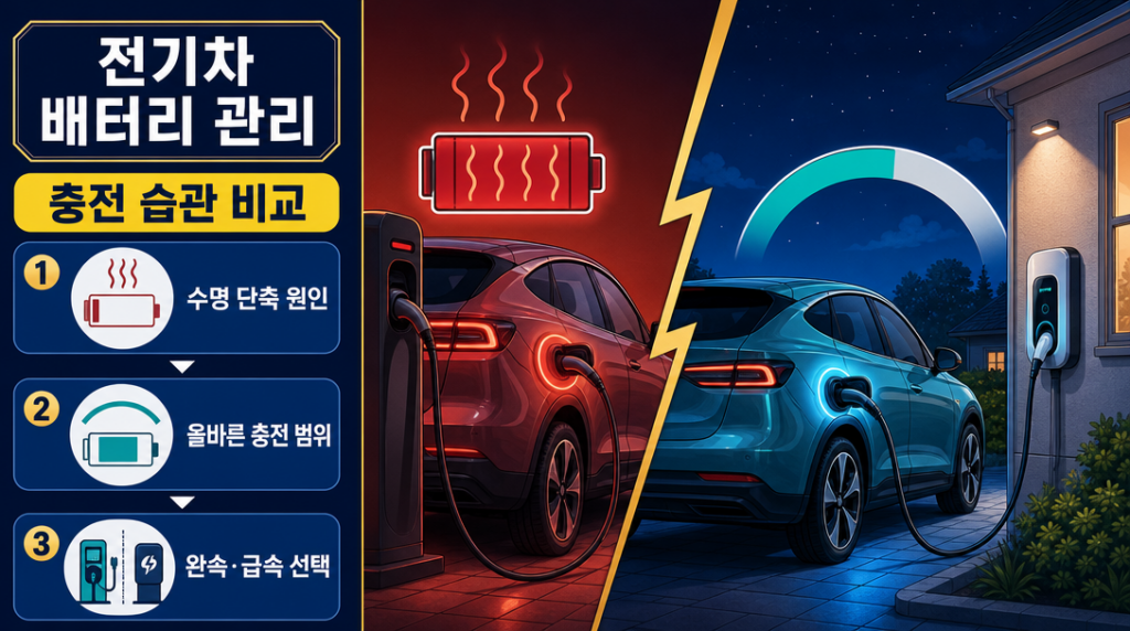 잘못된 급속 충전 습관과 올바른 완속 충전 습관을 좌우로 비교한 전기차 배터리 수명 관리 대표 이미지