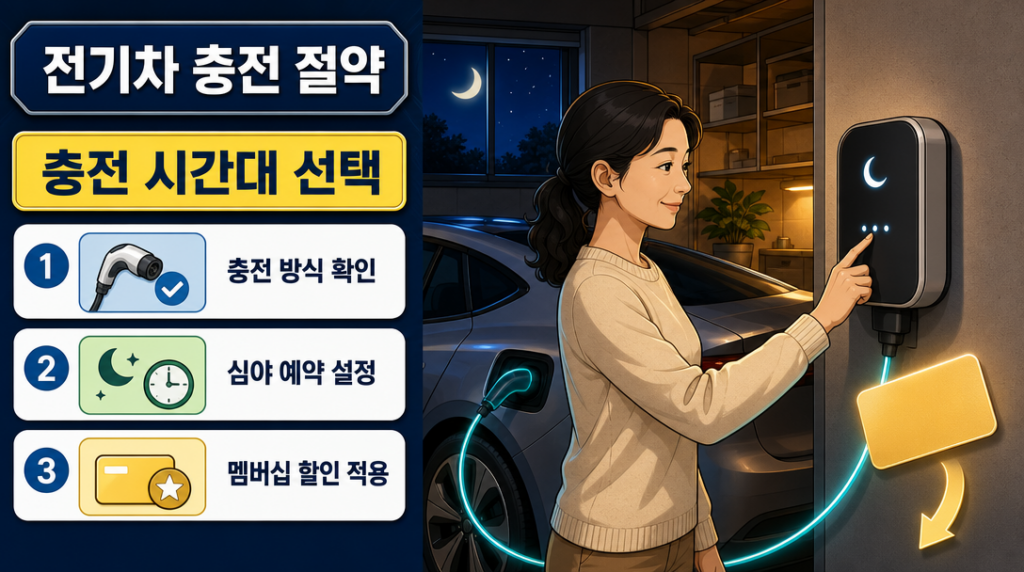 밤 시간대 가정용 충전기에 연결된 전기차 옆에서 충전기 벽면 패널로 예약을 설정하는 모습