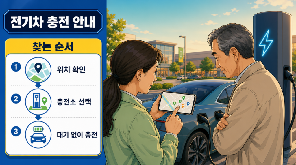 전기차 급속충전소 위치를 스마트폰 지도 앱으로 함께 확인하는 두 사람의 모습