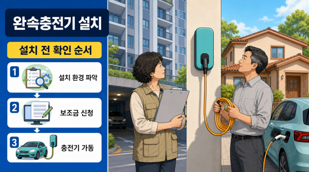 아파트와 단독주택 두 배경 앞에서 완속 충전기 설치 환경을 함께 살펴보는 두 사람의 일러스트