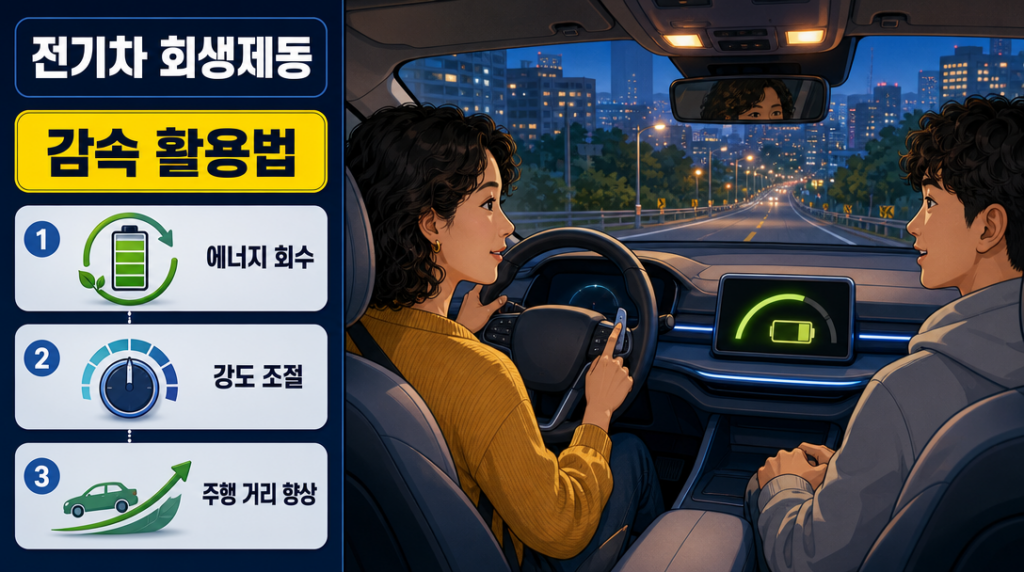 전기차 실내에서 운전자가 회생제동 강도를 조절하며 에너지를 효율적으로 회수하는 모습을 담은 대표 이미지