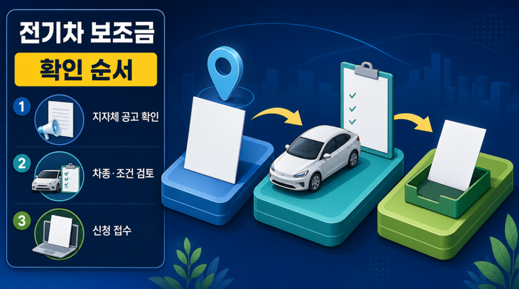 전기차 보조금 신청 전 지자체 공고 확인부터 차종 검토, 접수까지 이어지는 세 단계 흐름을 나타낸 다이어그램 이미지
