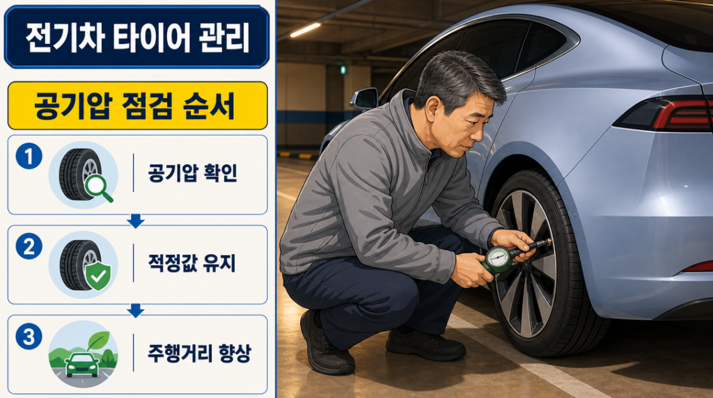 전기차 뒷바퀴 옆에 쪼그려 앉아 양손으로 공기압 게이지를 잡고 타이어 밸브에 밀착시켜 점검하는 모습
