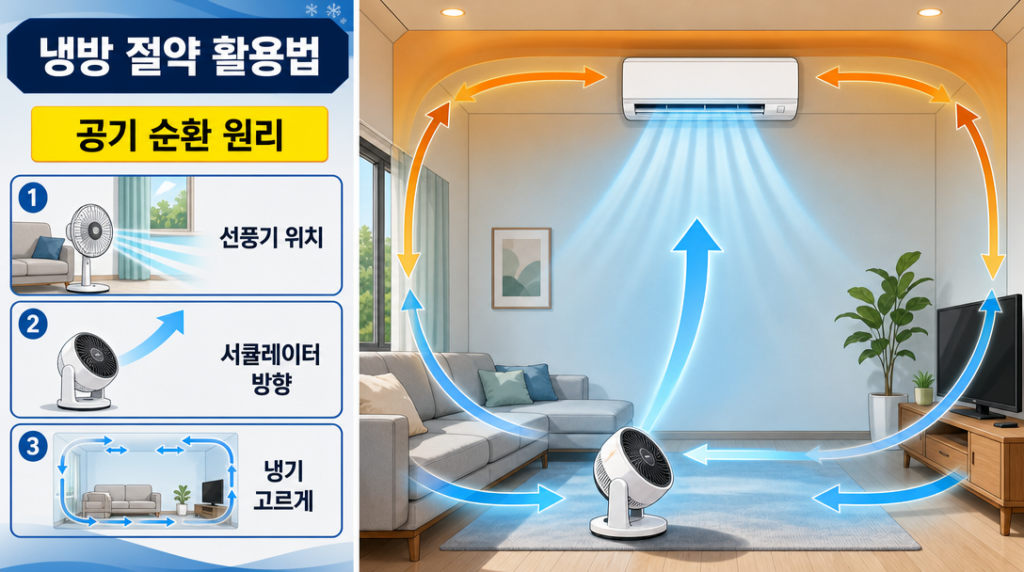 거실에서 에어컨과 서큘레이터를 함께 사용해 냉기를 실내 전체에 고르게 순환시키는 원리를 보여주는 일러스트