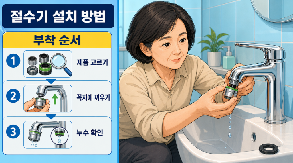 욕실 세면대 앞에 앉아 양손으로 절수기 어댑터를 수도꼭지 끝에 돌려 끼우는 여성의 모습