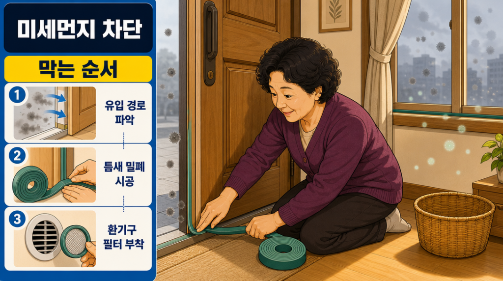 현관문 하단 틈새에 문풍지를 양손으로 눌러 붙이며 미세먼지 유입 경로를 차단하는 여성의 모습