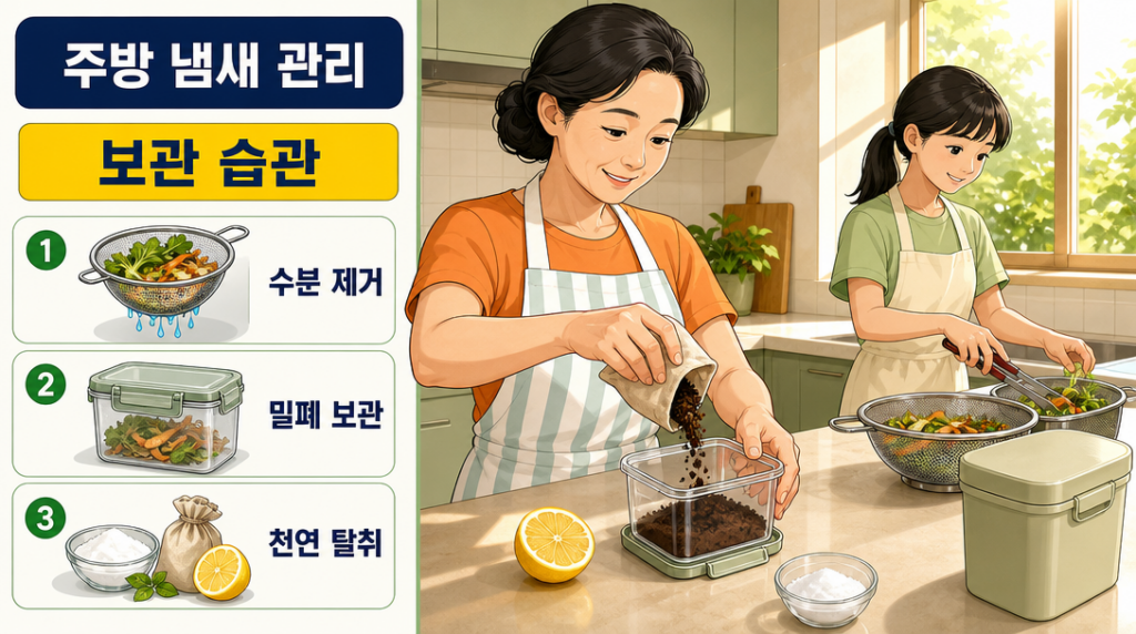 주방에서 밀폐용기에 커피 찌꺼기를 부어 음식물쓰레기 냄새를 잡는 여성의 모습
