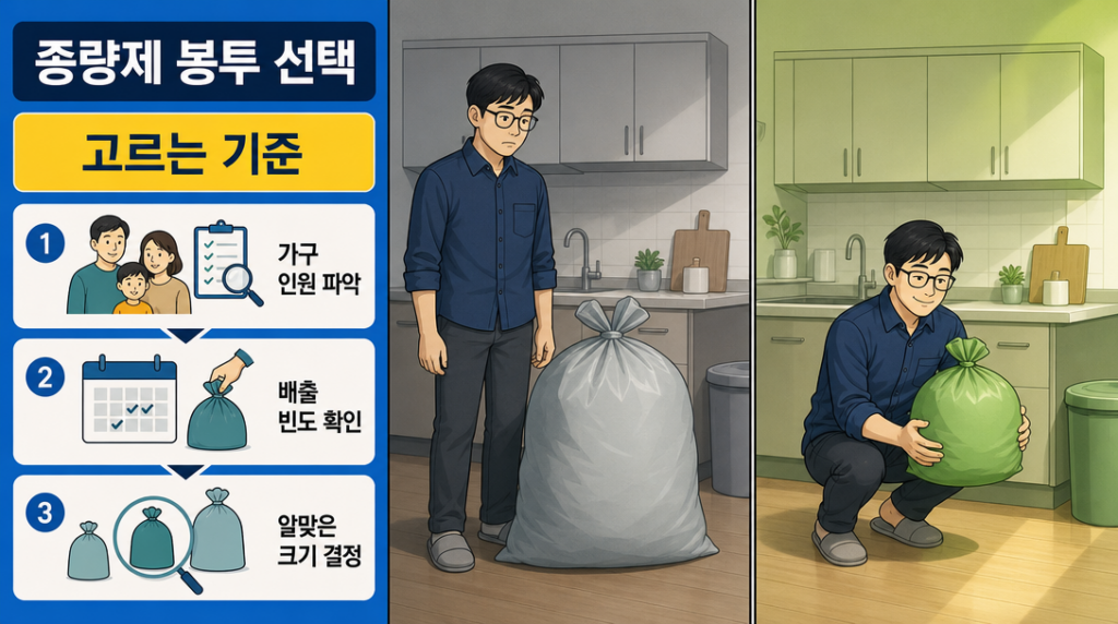 1인 가구 남성이 종량제 봉투 크기를 잘못 고른 경우와 알맞게 고른 경우를 좌우로 비교한 일러스트