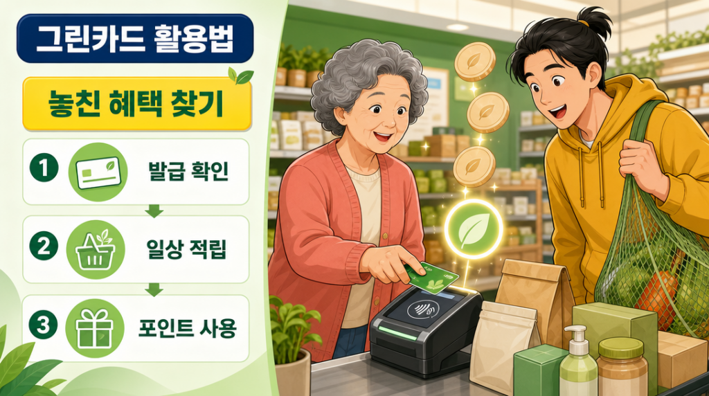 마트 계산대에서 그린카드를 단말기에 대는 여성과 옆에서 포인트 적립을 함께 확인하는 청년의 생활 장면