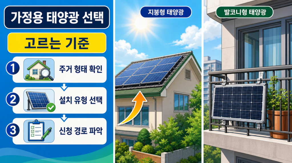 단독주택 지붕형 태양광과 아파트 베란다형 미니 태양광을 나란히 비교한 일러스트 이미지