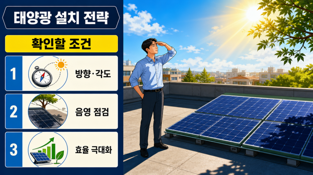 지붕 위에서 태양광 패널의 각도와 음영을 직접 확인하는 모습을 담은 대표 이미지