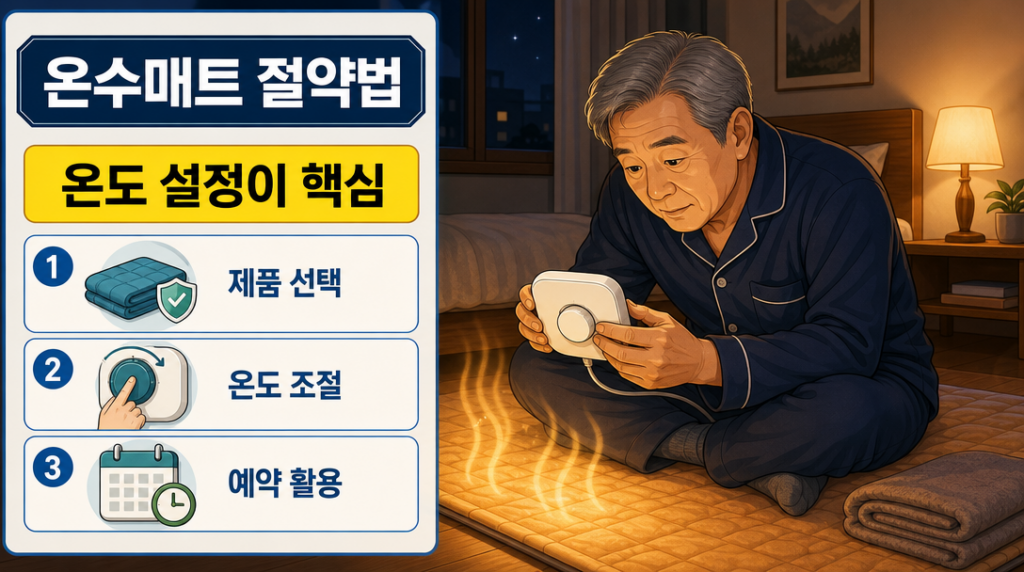 밤에 온수 매트 컨트롤러를 양손으로 감싸 들여다보며 온도를 조절하는 사람의 아늑한 침실 장면