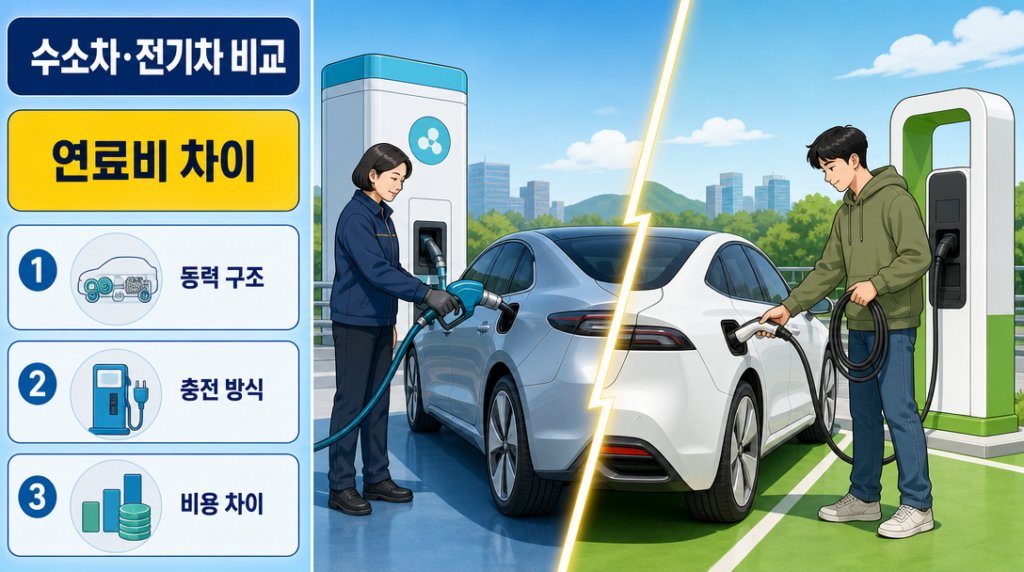 수소차와 전기차의 충전 방식과 연료비 구조를 나란히 비교한 일러스트