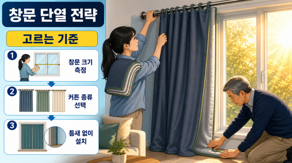 두 사람이 햇빛이 강하게 드는 창문에 다층 구조 단열 커튼을 틈새 없이 설치하는 생활 장면 일러스트