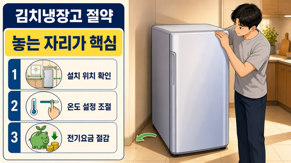 김치냉장고를 벽에서 살짝 앞으로 빼고 손으로 뒷면 간격을 재어 설치 자리를 확인하는 남성의 모습