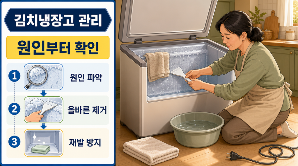 전원을 끄고 녹기 시작한 성에를 플라스틱 긁개로 부드럽게 제거하는 여성의 모습