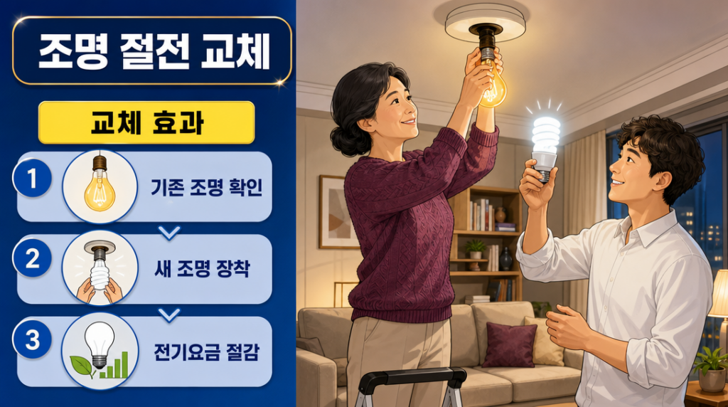 거실에서 두 사람이 백열등을 새 조명으로 교체하며 절전 효과를 실감하는 장면