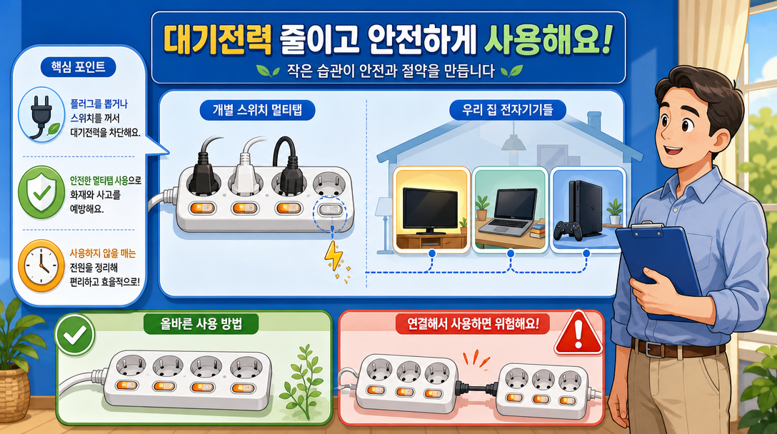 멀티탭 선택 후 대기전력 차단 원리와 안전 사용법을 설명하는 인포그래픽 일러스트