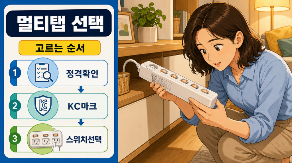 멀티탭 선택 기준을 확인하는 여성이 개별 스위치 멀티탭을 살펴보는 일러스트