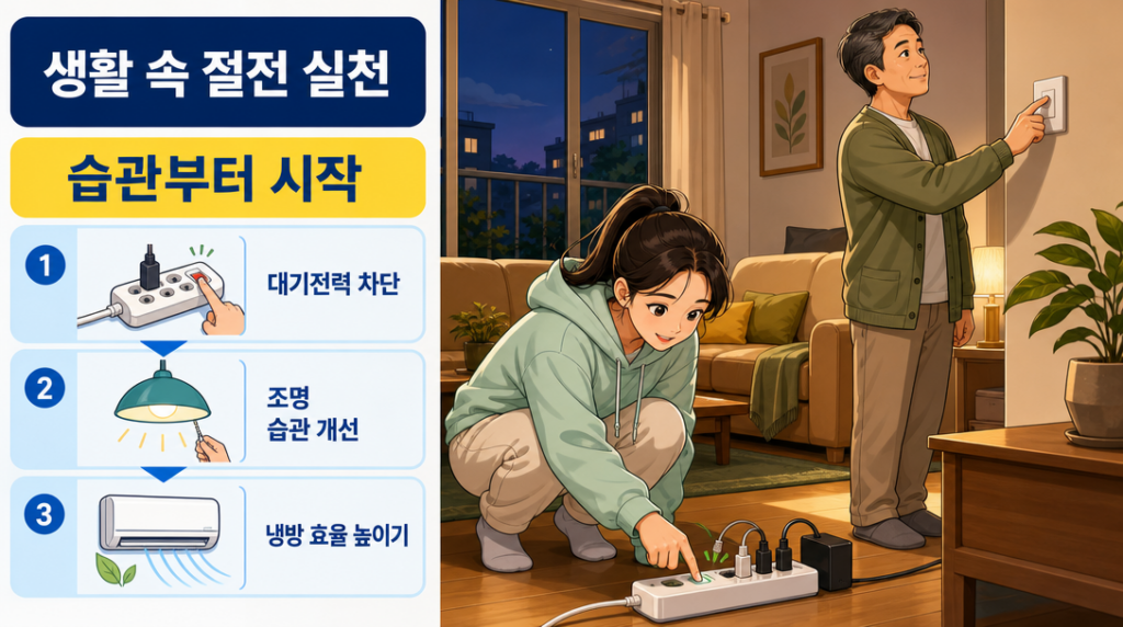 가정에서 멀티탭 스위치를 끄고 조명을 끄는 두 사람의 절전 습관 실천 장면