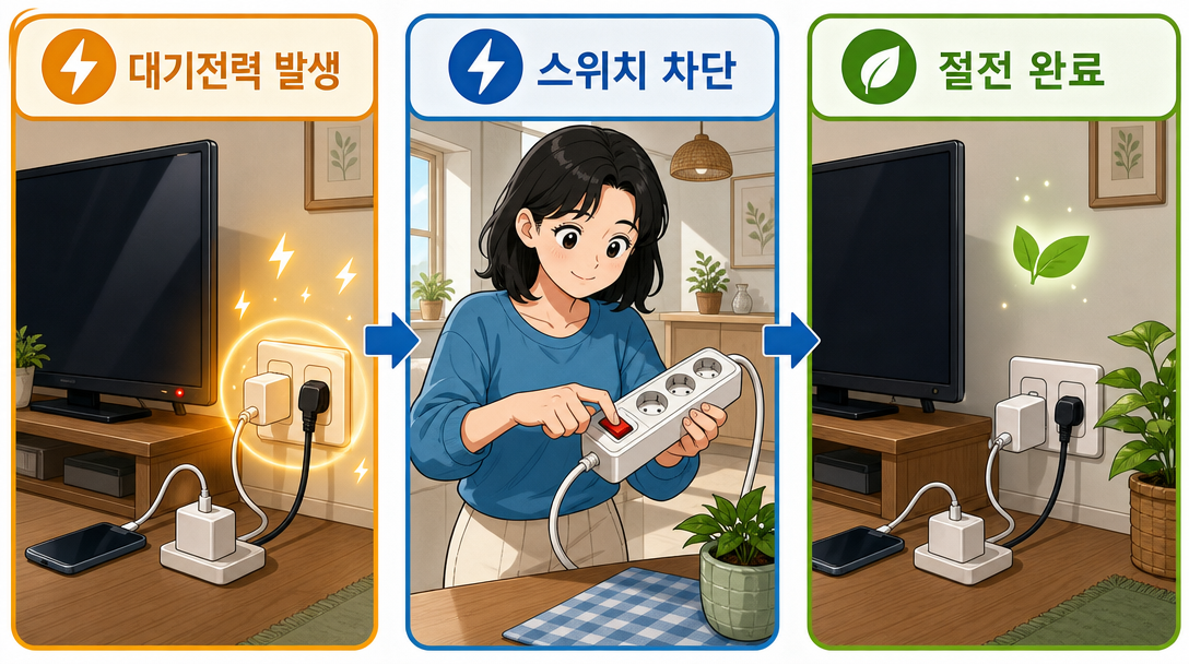 멀티탭 선택 시 대기전력 절감 원리를 단계별로 설명하는 인포그래픽