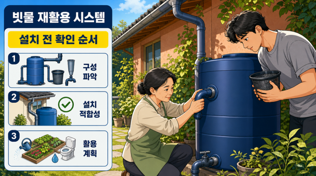 주택 정원에서 50대 여성과 청년이 빗물 저장 탱크에 집수 파이프를 연결하고 거름망을 준비하는 모습