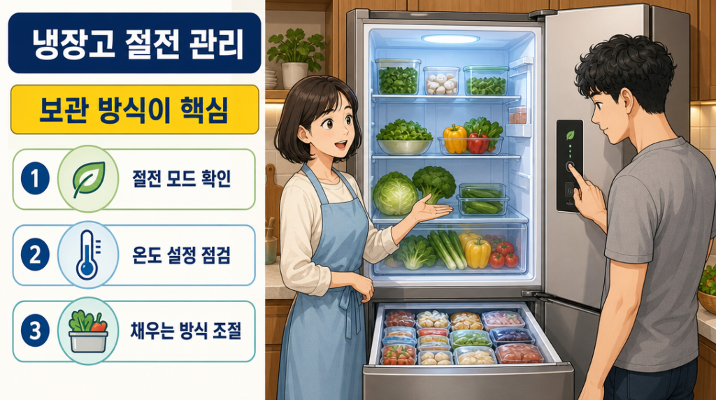 주방에서 두 사람이 냉장고 절전 설정과 올바른 보관 방식을 함께 살펴보는 생활 장면
