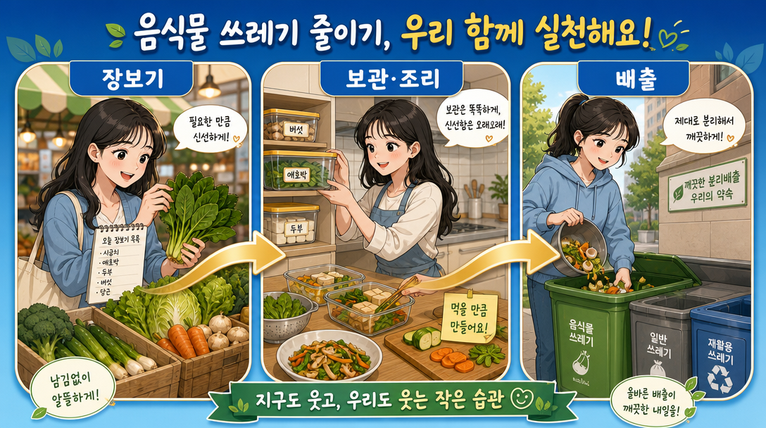 음식물쓰레기 줄이기 냉동보관·퇴비화 순환 아이콘 일러스트