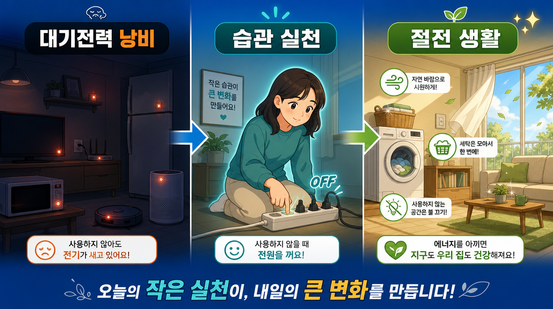 절전 방법 실천 오브젝트 일러스트 – 스마트 멀티탭·LED 전구·에어컨 리모컨·냉장고 온도