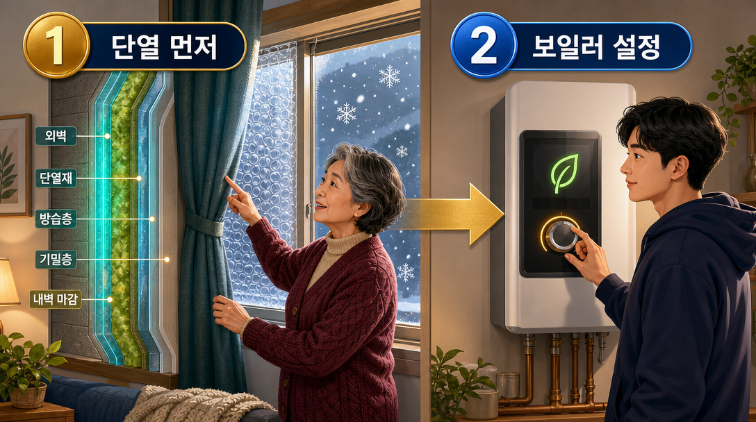 난방비 절약법 실천 - 창문 단열과 보일러 관리 방법 일러스트