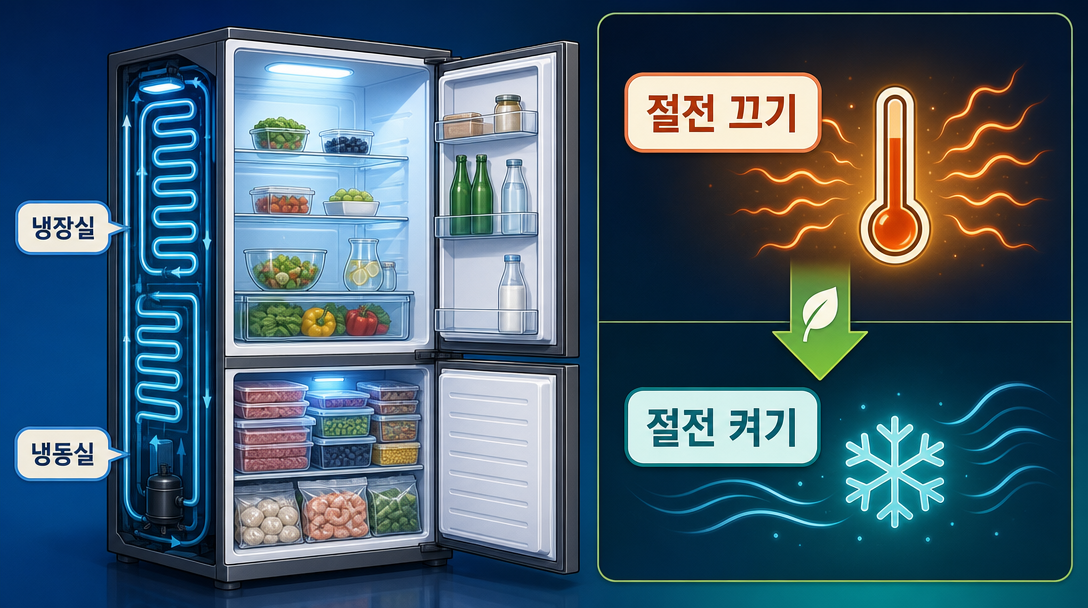냉장고 절전 모드 적정 온도와 음식 보관 방법 일러스트