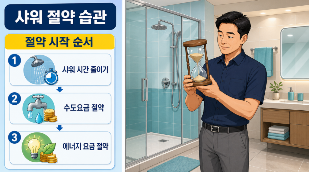 욕실에서 일상복 차림으로 모래시계를 들고 샤워 시간을 확인하는 남성의 모습을 담은 절약 습관 안내 대표 이미지