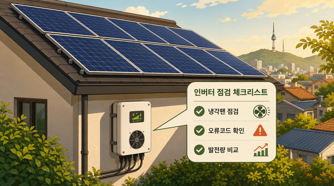 태양광 인버터 점검 항목이 표시된 옥상 태양광 설비 일러스트