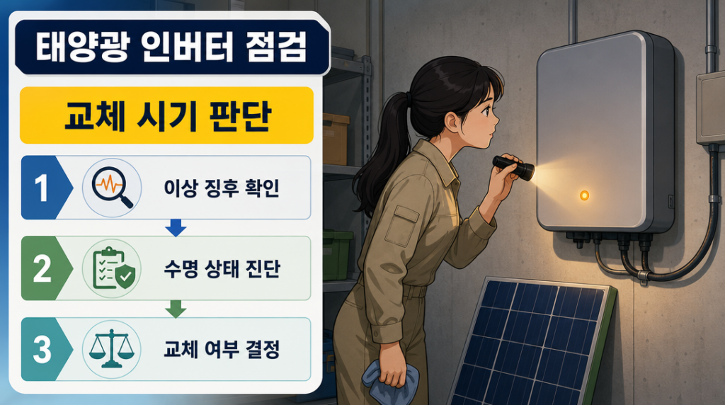 벽에 부착된 태양광 인버터를 양손으로 잡고 가까이 들여다보며 이상 징후를 점검하는 사람의 모습