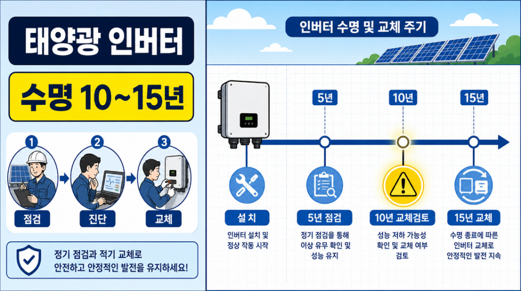 태양광 인버터 수명 기준과 교체 시기를 나타낸 인포그래픽 일러스트