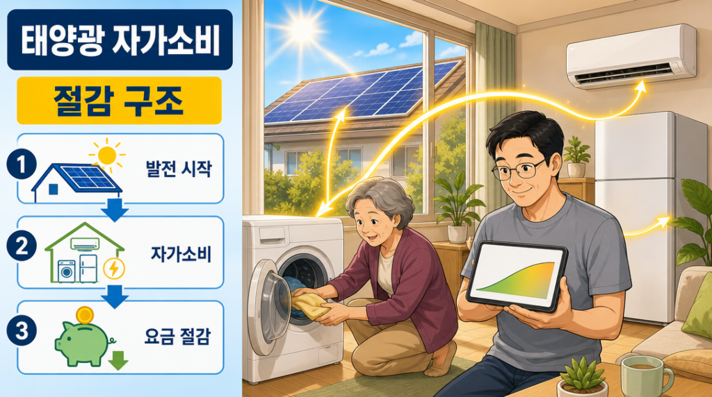 낮 시간대 거실에서 태양광 발전 전력으로 세탁기와 가전을 가동하며 자가소비 절감 구조를 실천하는 가족 모습