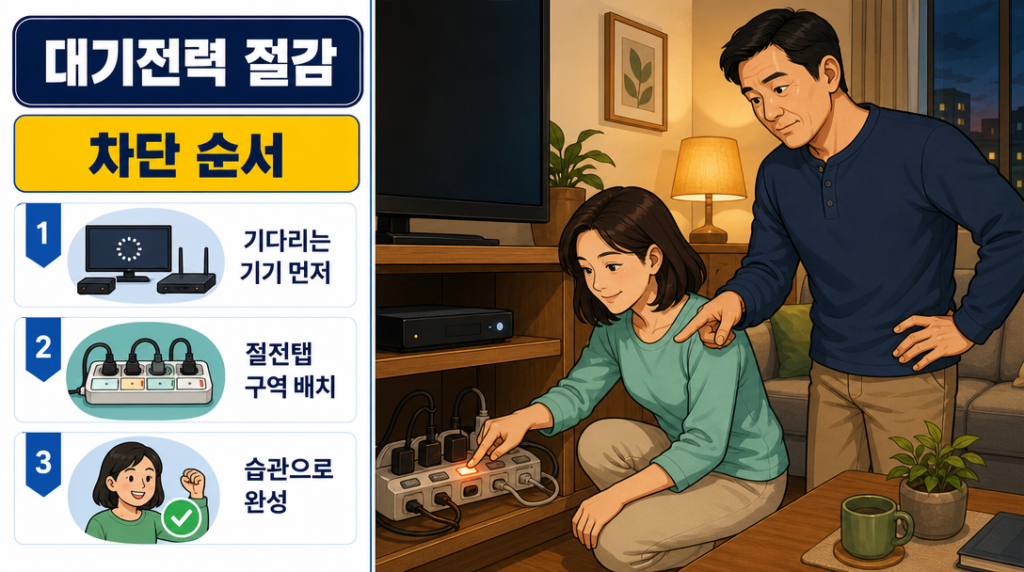 거실에서 두 사람이 셋톱박스와 절전 멀티탭을 확인하며 대기전력이 큰 가전부터 차단하는 모습