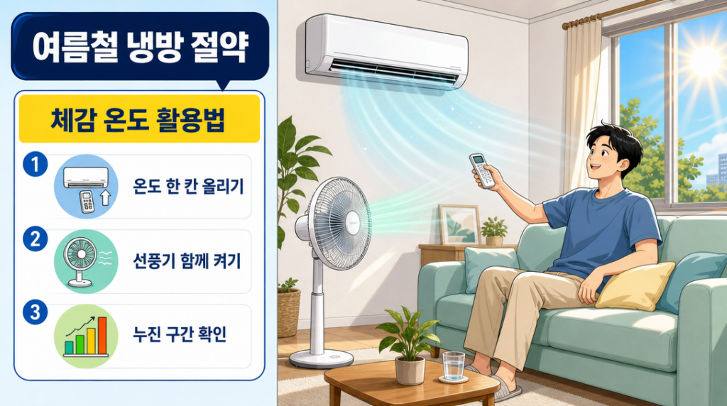 여름 거실에서 에어컨과 선풍기를 함께 활용해 냉방 효율을 높이는 생활 장면 일러스트