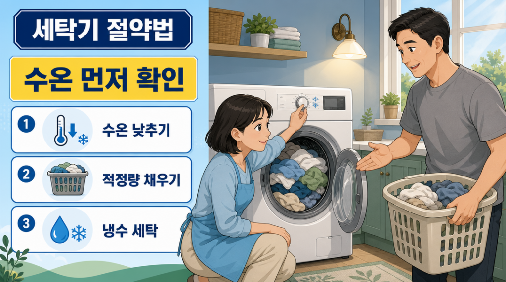 가정 세탁실에서 한 여성이 세탁기 수온 다이얼을 냉수 방향으로 돌리고, 남성이 적정량의 빨래 바구니를 들고 세탁기에 넣으려는 생활 장면