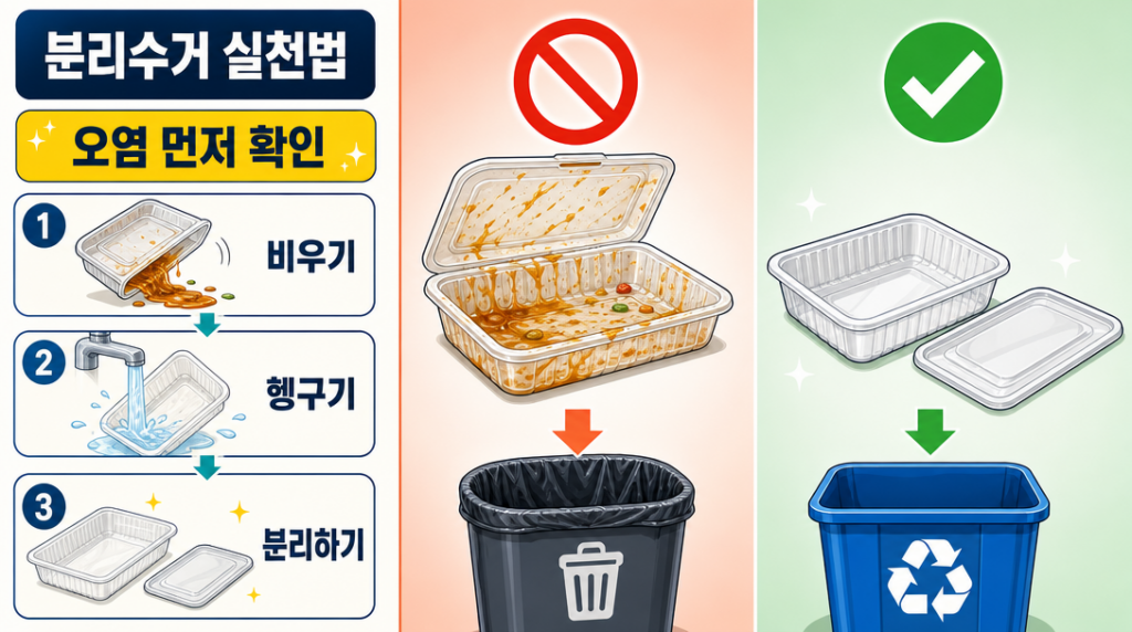 오염된 배달 용기와 깨끗이 헹군 용기를 좌우로 비교해 분리수거 올바른 방법을 안내하는 이미지