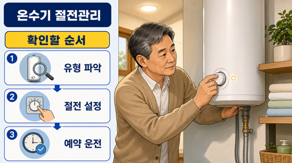 저탕식 온수기 앞에서 조절 손잡이와 표시등을 확인하는 60대 남성의 생활 장면 일러스트