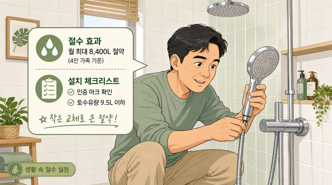 욕실에서 절수 샤워헤드를 교체하는 장면 일러스트