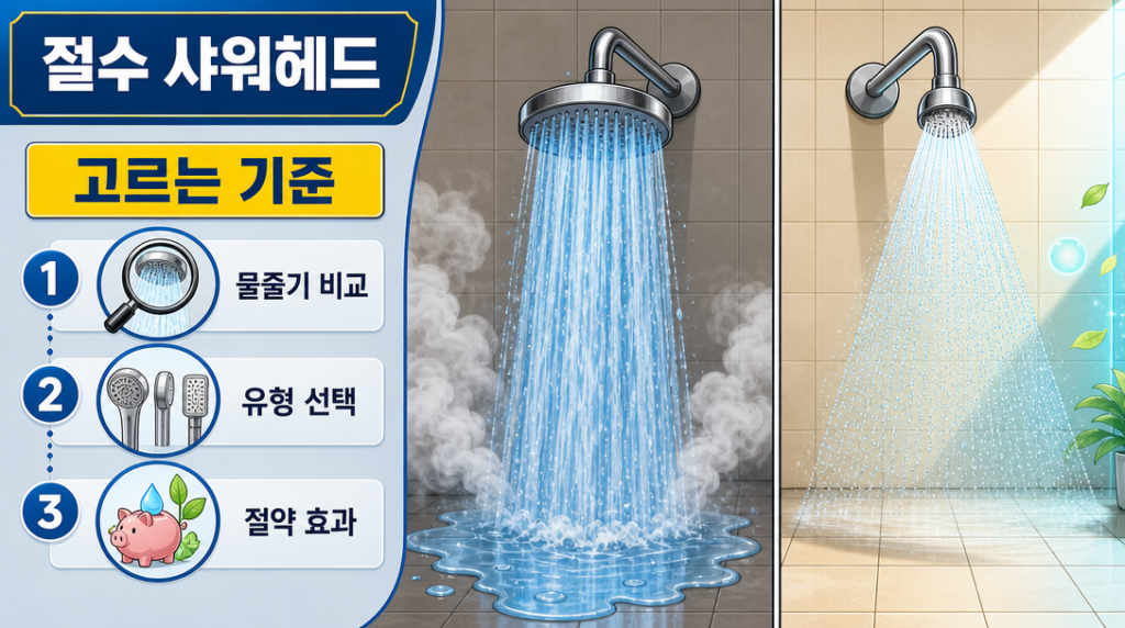 일반 샤워헤드와 절수 샤워헤드의 물줄기 차이를 좌우로 비교한 욕실 장면 이미지