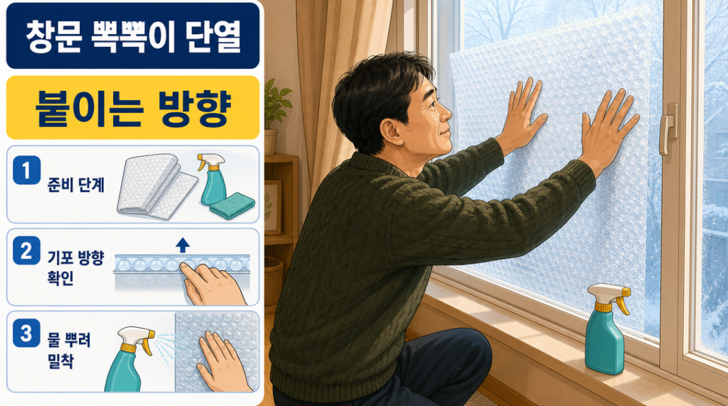 실내 창문에 에어캡 기포 면을 유리 쪽으로 맞대어 양손으로 꾹 눌러 붙이는 남성의 모습