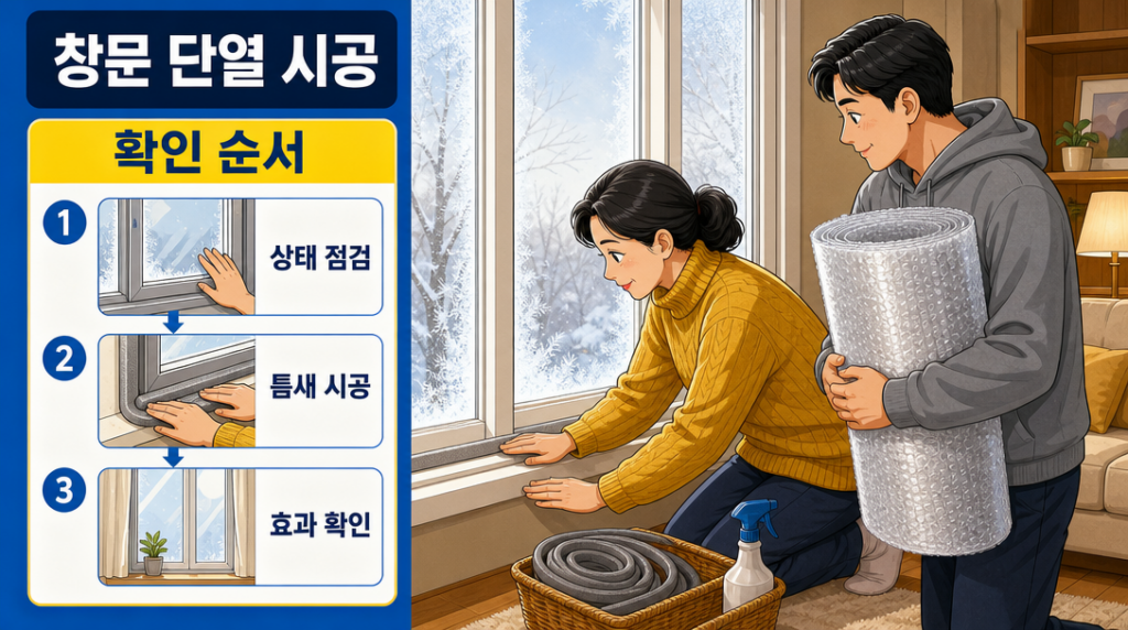 두 사람이 겨울 창문 앞에서 문풍지와 에어캡 단열재를 직접 시공하는 생활 장면 일러스트