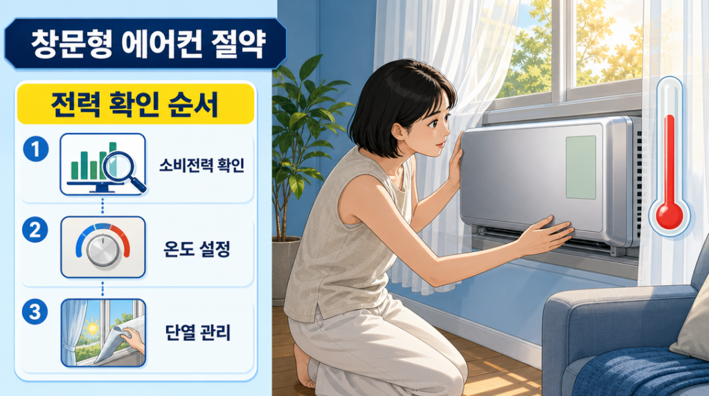 창문에 설치된 창문형 에어컨 옆에 무릎을 꿇고 양손으로 본체를 잡아 효율 스티커를 살펴보는 사람의 모습